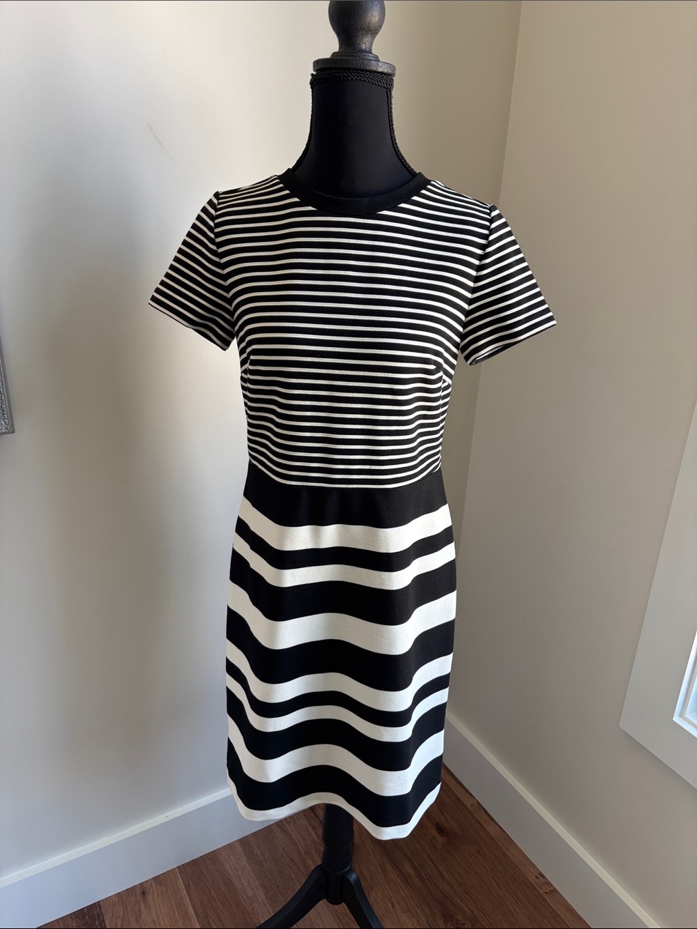 LOFT Black and White Striped Short-Sleeve Midi Dress